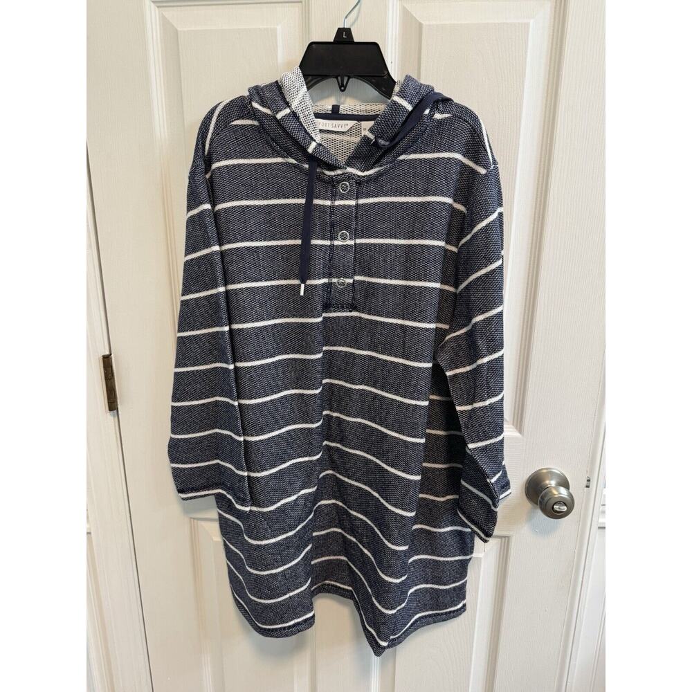 Sport Savvy XL Pullover Blue White Stripe Hoodie Tunic 1/4 Snap Front New